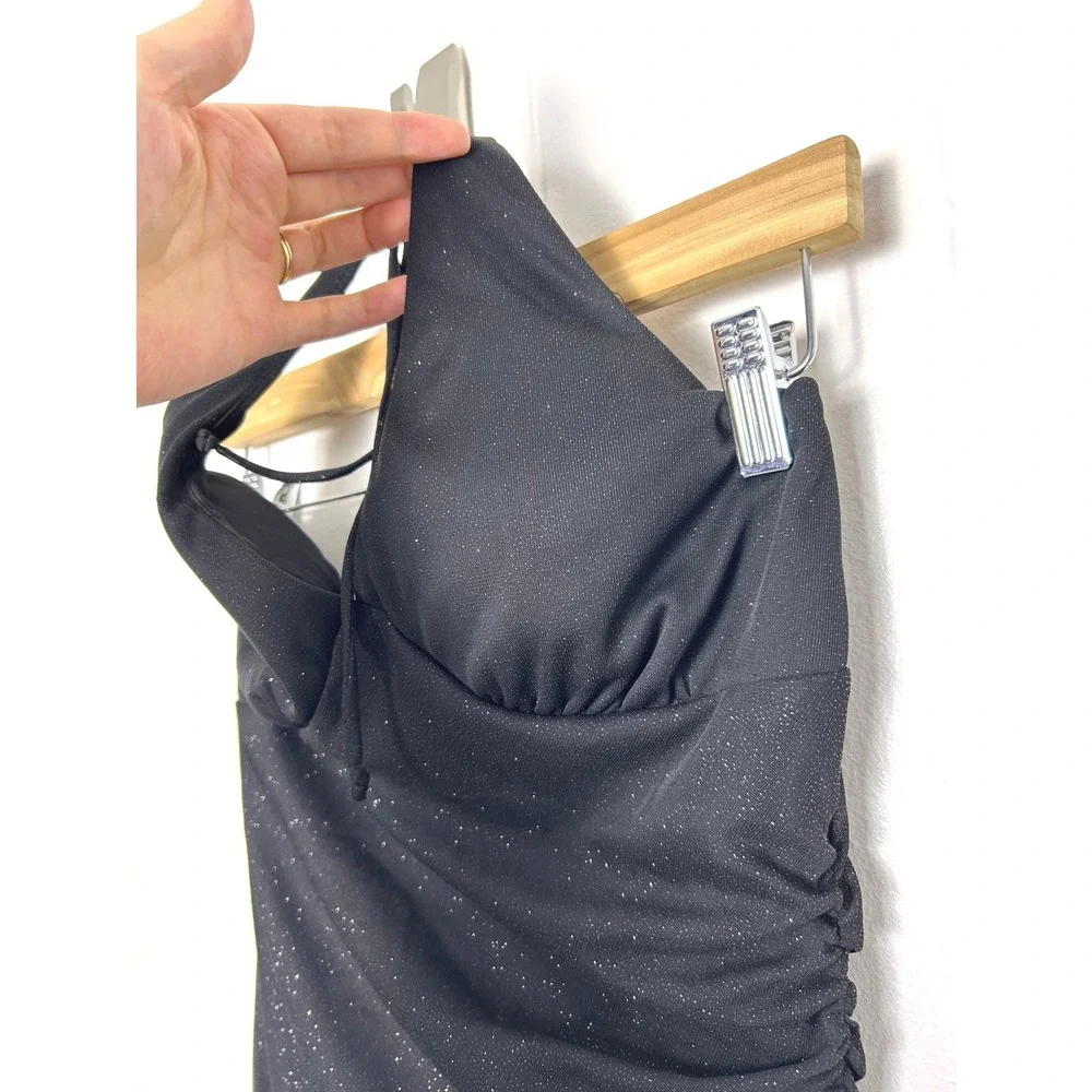 Y2k City Triangles Prom Dress‎ Gown L Black Glitter Ruched Halter Whimsigoth